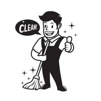 mascota del personaje del trabajador del servicio de limpieza en estilo retro, buena para el logotipo de la empresa del servicio de limpieza vector