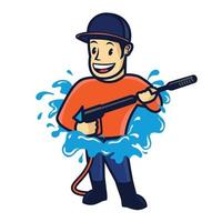 Mascot character Smiling man with Washer gun in retro style, good for cleaning service business logo vector