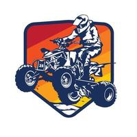 quad atv carreras deportivas extremas en el diseño del logotipo de la insignia, bueno para el diseño de camisetas y el logotipo del evento del campeonato vector