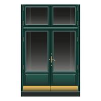 Front double door in realistic style. Facade with wooden classic door. Golden elements. Colorful vector illustration isolated on white background.