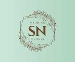 SN Initials letter Wedding monogram logos collection, hand drawn modern minimalistic and floral templates for Invitation cards, Save the Date, elegant identity for restaurant, boutique, cafe in vector