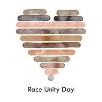 Race Unity Day greeting card. Watercolor textured lines, heart shape frame. Lines in different skin tones, shades of brown. vector