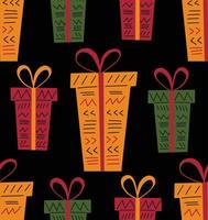 Kwanzaa seamless pattern background in simple hand drawn style with gift boxes decorated with ribbon, bow, paper with tribal ethnic ornaments - lines, triangles. Kwanzaa presents Zawadi cute vector