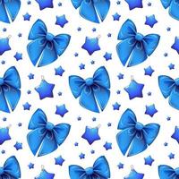 Festive pattern with blue shiny bows and cartoon-style stars on white background vector