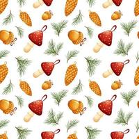 Christmas patterns with vintage toys, fly agaric, golden cone, acorn on white background vector