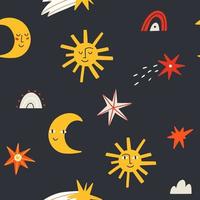 seamless pattern with moon, sun and stars. Christmas night. hand drawn vector illustration.