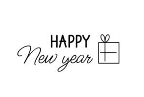 2023 new year lettering poster. The inscription with a gift. Black outline text, template, banner, card isolated on white background. Cute and drawn doodle modern vector illustration.