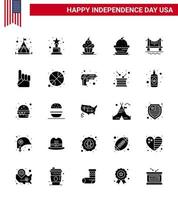 Big Pack of 25 USA Happy Independence Day USA Vector Solid Glyph and Editable Symbols of usa foam hand muffin cityscape building Editable USA Day Vector Design Elements