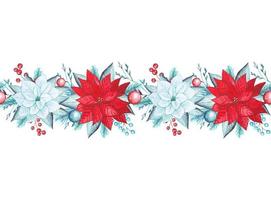 Watercolor seamless border with ,poinsettia, tree toys, berries vector