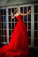 Beautiful woman in long red dress and in royal crown standing near retro fireplace door with stained-glass windows photo