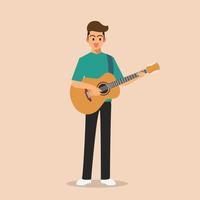 hombre de pie sosteniendo y tocando la guitarra acústica vector