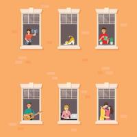 Apartment building facade with neighbor people in open windows vector