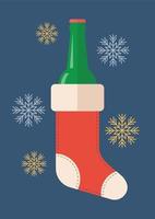 botella de cerveza en calcetín navideño con patrón de copos de nieve vector