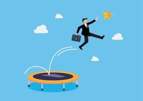 Businessman bounce on trampoline jump flying high to grab star vector
