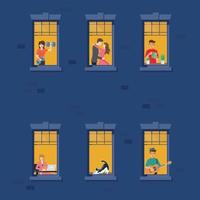 Apartment building facade with neighbor people in open windows at night vector