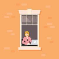 Apartment window with woman working on laptop vector