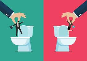 Hand throwing a business man and woman in the toilet bowls vector