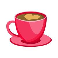 Pink cup with a hot coffee drink, latte and coffee art in the form of a heart. Warming effect vector