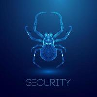 Virus spider in low poly style on blue background. Cybercryme technology network web vector illustration. Internet fraud abstract vector background. Cyber criminal hacker attack.