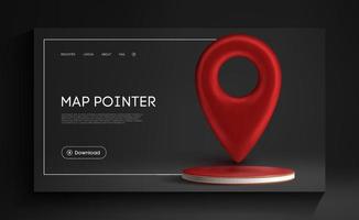 Red map pointer isolated on black background. Find address, location icon concept. GPS 3d Pointer on red podium in black interrior. Vector 3d illustration.