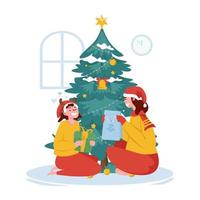 Exchanging Christmas gifts with mom flat illustration vector