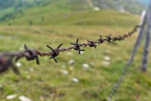 alambre de púas en las montañas en un prado como valla de pasto foto