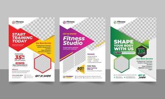 Red, Purple and Green color gym and fitness flyer template with geometric shapes, fitness body building A4 size vector template