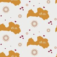Festive seamless pattern of Republic of Latvia golden map with hearts and fireworks on light grey background vector