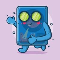 mascota divertida del personaje del disco duro de la computadora ejecutando dibujos animados aislados en un diseño de estilo plano vector