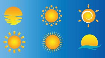 conjunto de iconos de sol. sol, verano caluroso y símbolos de amanecer, círculos dorados de luz solar, conjunto de vectores de signos de clima solar y soleado.