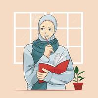 niña hijab con un suéter mira hacia arriba pensativamente ilustración vectorial descarga profesional