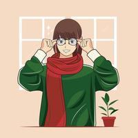 Young Girl wearing a sweater is holding her glasses vector illustration pro download