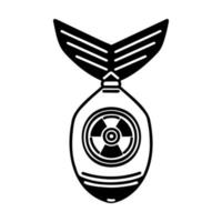 Nuclear weapon vector icon. Flying missile isolated on white. Atomic, hydrogen bomb of mass destruction. Dangerous radioactive rocket. Simple doodle, black outline. Clipart for logos, prints, apps