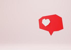 Like social media notification. Heart in red speech bubble 3d render illustration. Followers love, blogging and streaming concept. photo