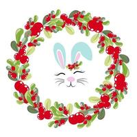 Red berries, fruit and leaves with cute rabbit smiling face in flat vector style. Round frame border ornament. Texture, wrapper, pattern, frame or border.