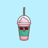 cool style with sunglasses strawberry smoothies milkshake juice with ice cream topping illustration vector cartoon character