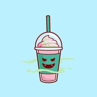 batidos de fresa vampiro malvado jugo de batido con helado topping ilustración vector personaje de dibujos animados. batido de fresa con congelación cerebral