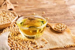 Soybean oil in a glass bowl and soybean seeds in a sack on a wooden table, natural healthy food - top view photo
