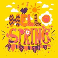 Hello spring cartoon lettering vector