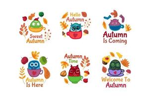 Hello autumn set of stickers with owls in cup vector