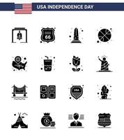 4th July USA Happy Independence Day Icon Symbols Group of 16 Modern Solid Glyphs of map sports landmark ball washington Editable USA Day Vector Design Elements