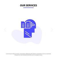 nuestros servicios libro de conocimientos cabeza mente icono de glifo sólido plantilla de tarjeta web vector