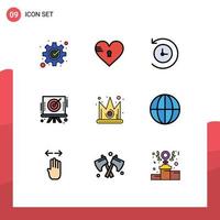 Pictogram Set of 9 Simple Filledline Flat Colors of crown target like bow arrow Editable Vector Design Elements