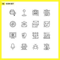 User Interface Pack of 16 Basic Outlines of navigation world info board website globe Editable Vector Design Elements