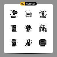 9 Thematic Vector Solid Glyphs and Editable Symbols of light bulb bulb school security policy Editable Vector Design Elements