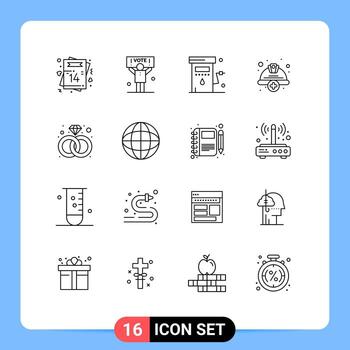 conjunto moderno de 16 contornos y símbolos, como el voto de la gorra del casco, agrega elementos de diseño vectorial editables de potencia vector