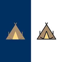 Camp Tent Wigwam Spring  Icons Flat and Line Filled Icon Set Vector Blue Background