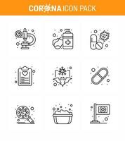 Covid19 icon set for infographic 9 Line pack such as list diet virus check list pill viral coronavirus 2019nov disease Vector Design Elements