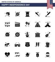 paquete de glifos sólidos de 25 símbolos del día de la independencia de estados unidos de béisbol de fiesta de murciélagos de estados unidos elementos de diseño de vector de día de estados unidos editables