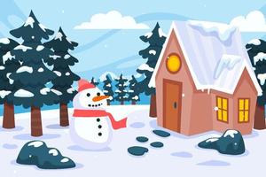 Winter Scenery Landscape Background with House and Snowman vector